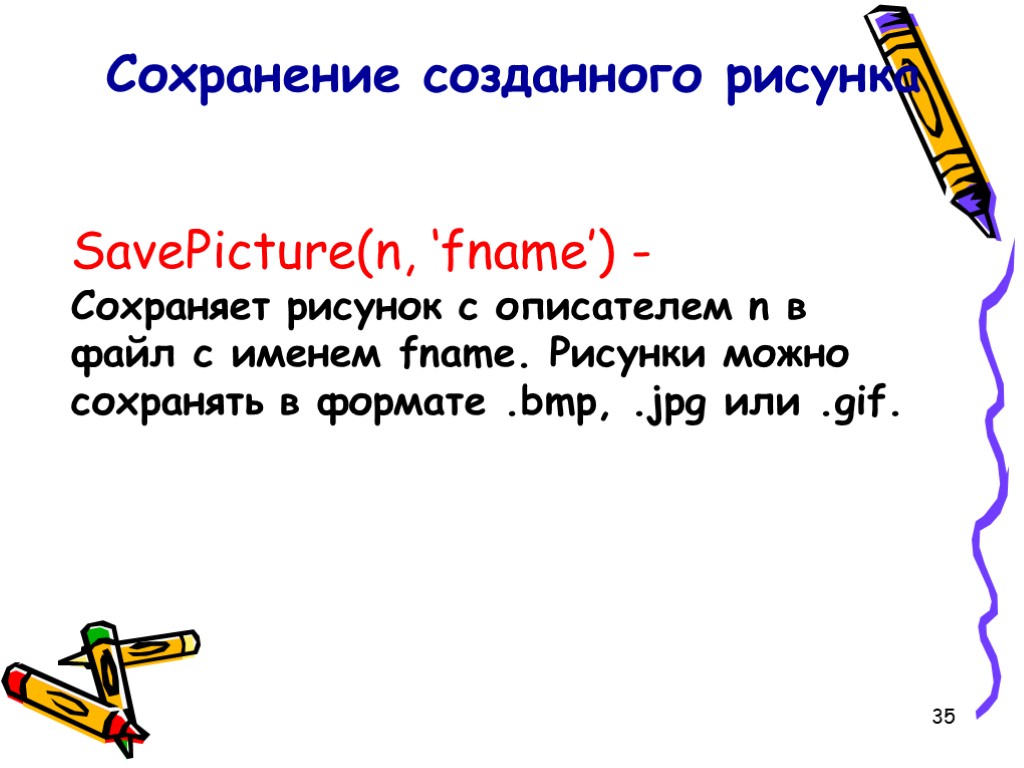 35 SavePicture(n, ‘fname’) - Сохраняет рисунок с описателем n в файл с именем fname.